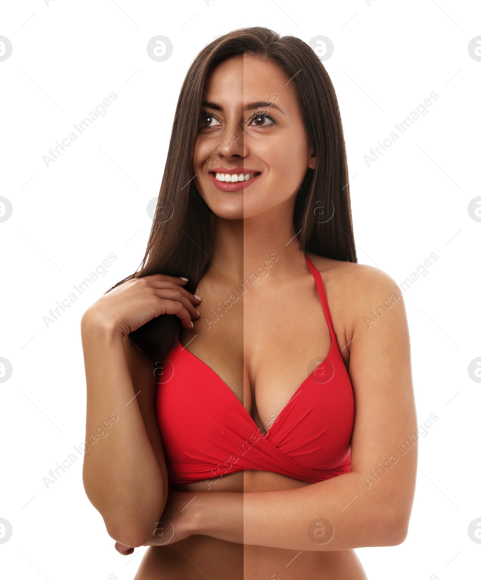 Image of Collage with photos of beautiful young woman before and after solarium tanning on white background