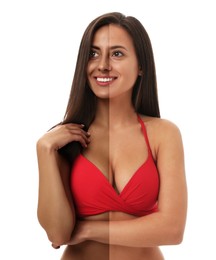 Image of Collage with photos of beautiful young woman before and after solarium tanning on white background