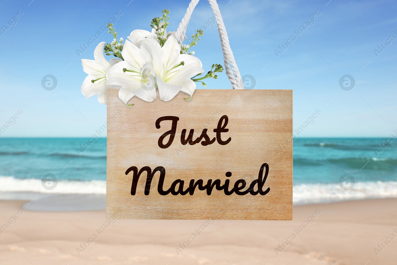 Image of Honeymoon. Wooden board with words Just Married and flowers on sandy seashore