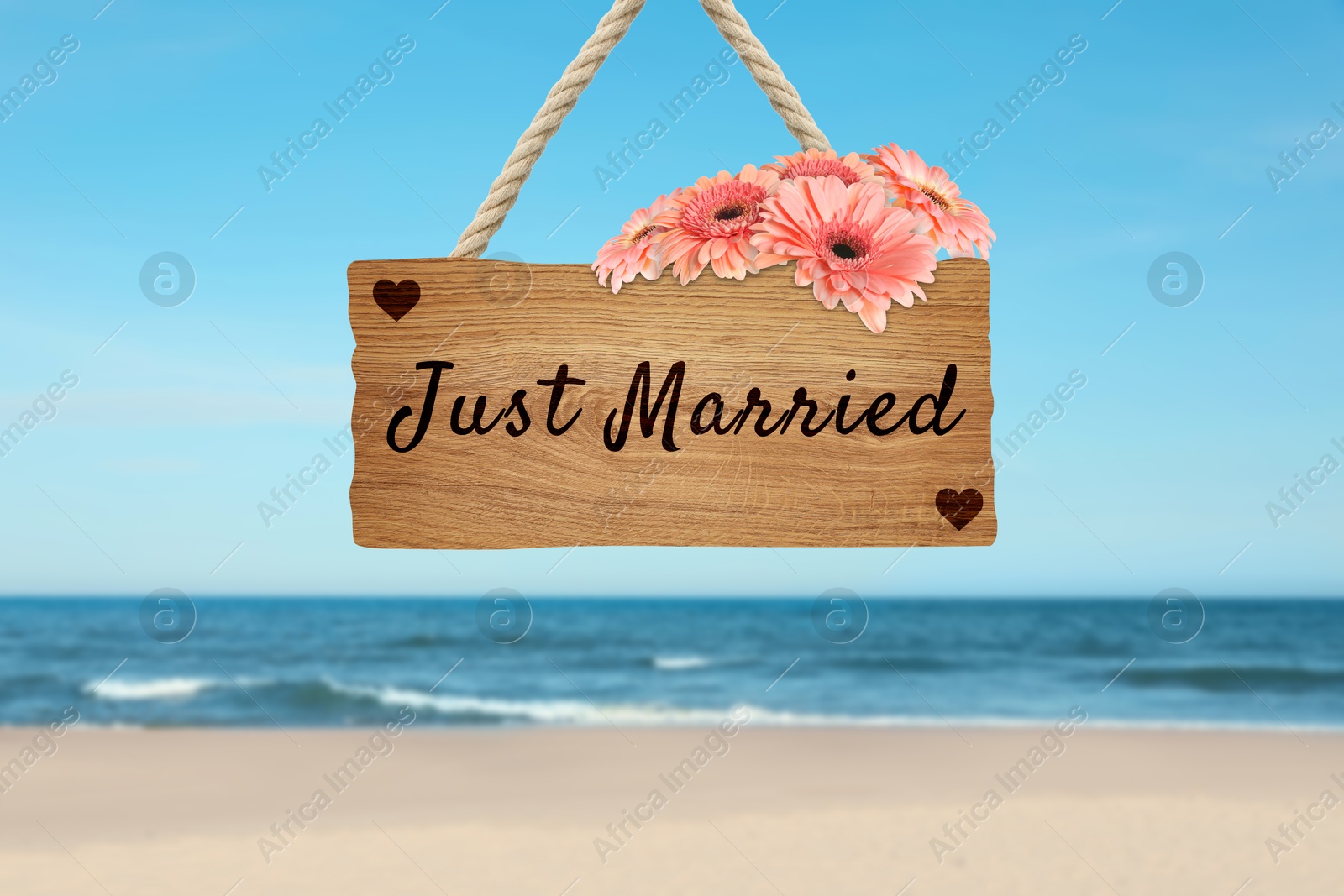 Image of Honeymoon. Wooden board with words Just Married and flowers on sandy seashore