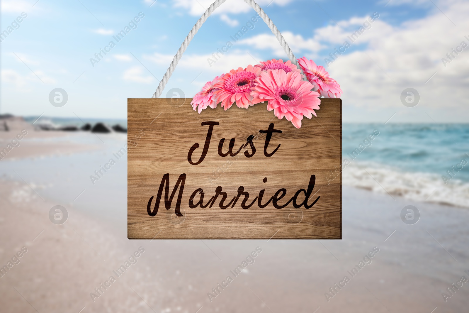 Image of Honeymoon. Wooden board with words Just Married and flowers on sandy seashore