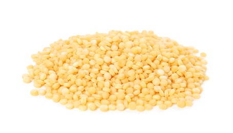 Photo of Heap of raw couscous isolated on white