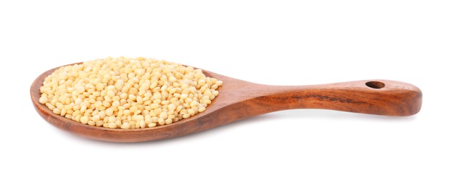 Photo of Raw couscous in wooden spoon isolated on white