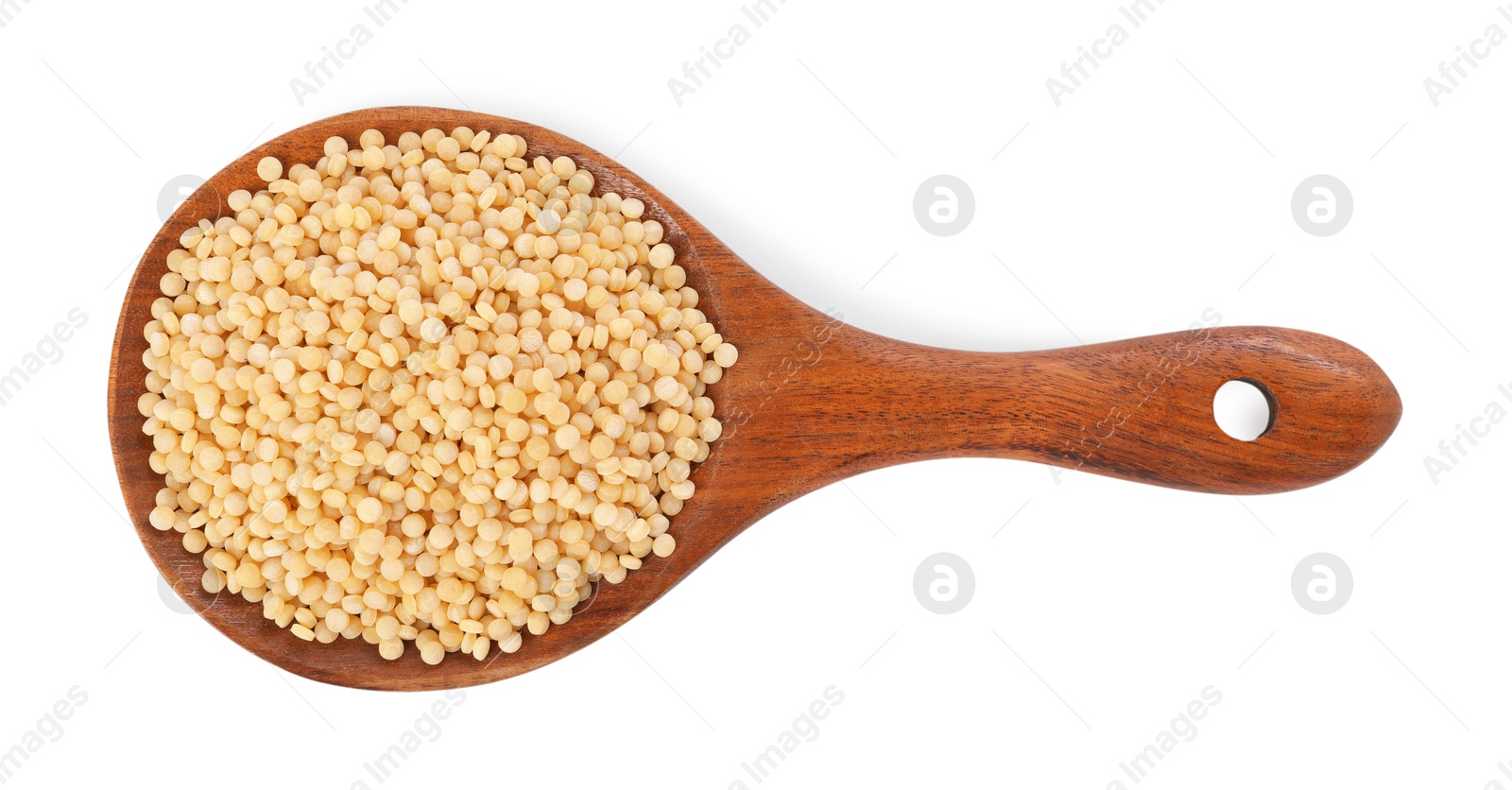 Photo of Raw couscous in wooden spoon isolated on white, top view