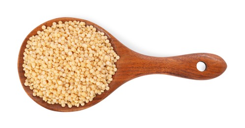 Photo of Raw couscous in wooden spoon isolated on white, top view