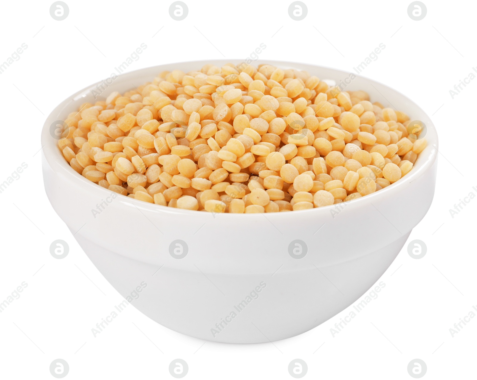 Photo of Raw couscous in bowl isolated on white