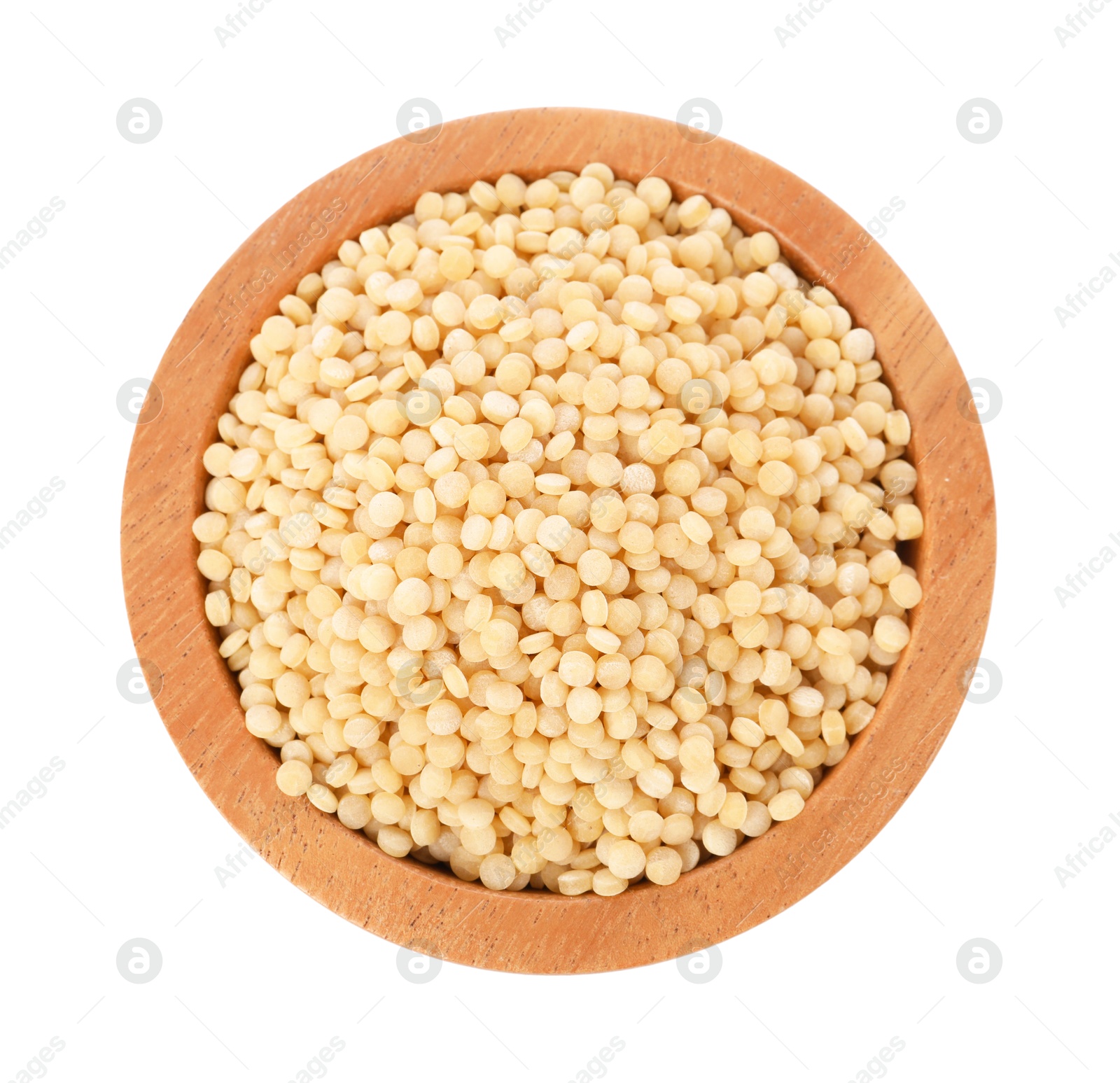 Photo of Raw couscous in wooden bowl isolated on white, top view