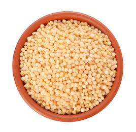 Photo of Raw couscous in bowl isolated on white, top view