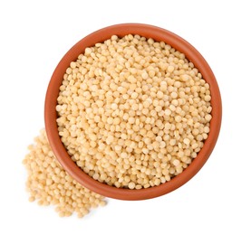 Photo of Raw couscous in bowl isolated on white, top view