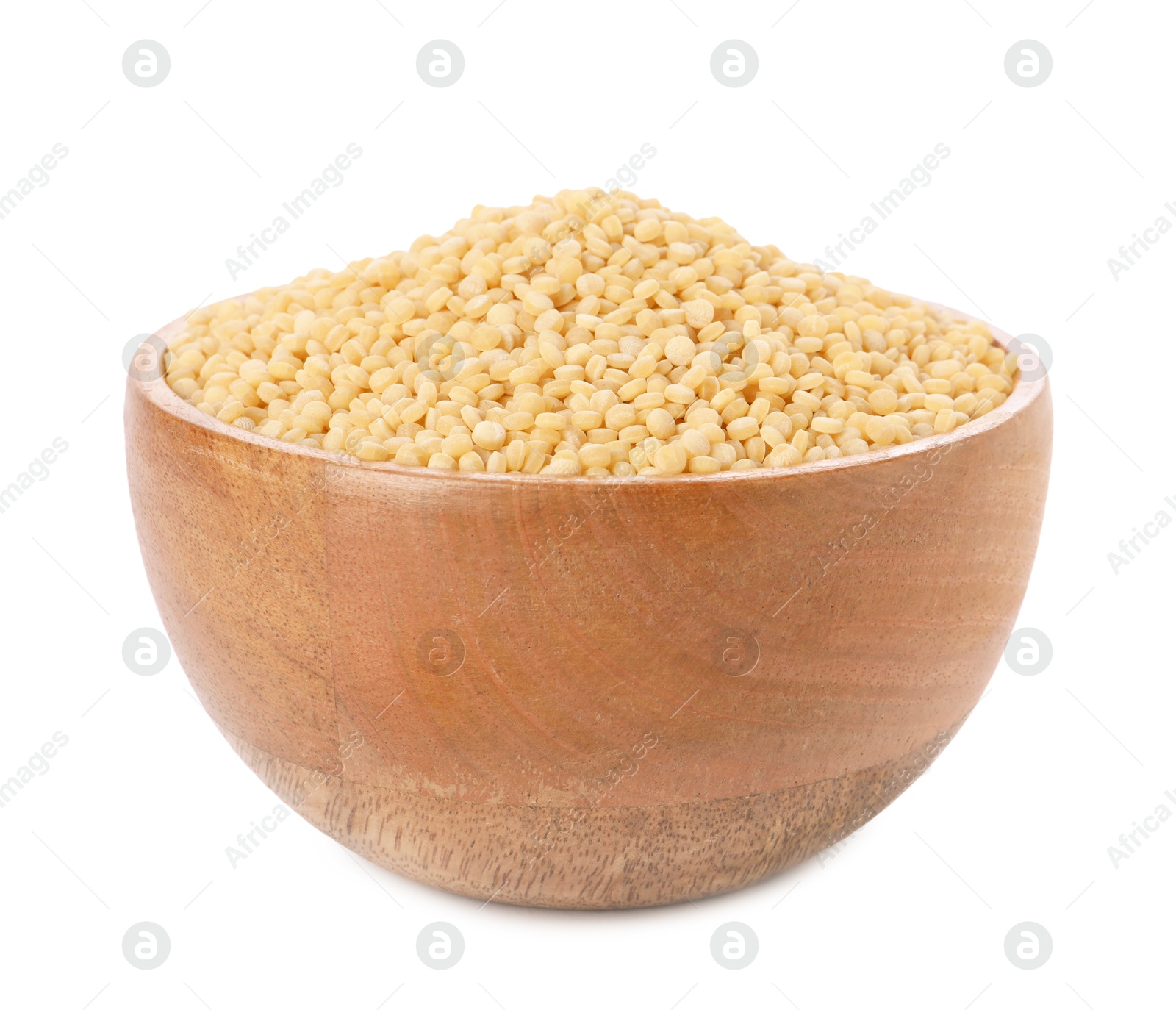 Photo of Raw couscous in wooden bowl isolated on white