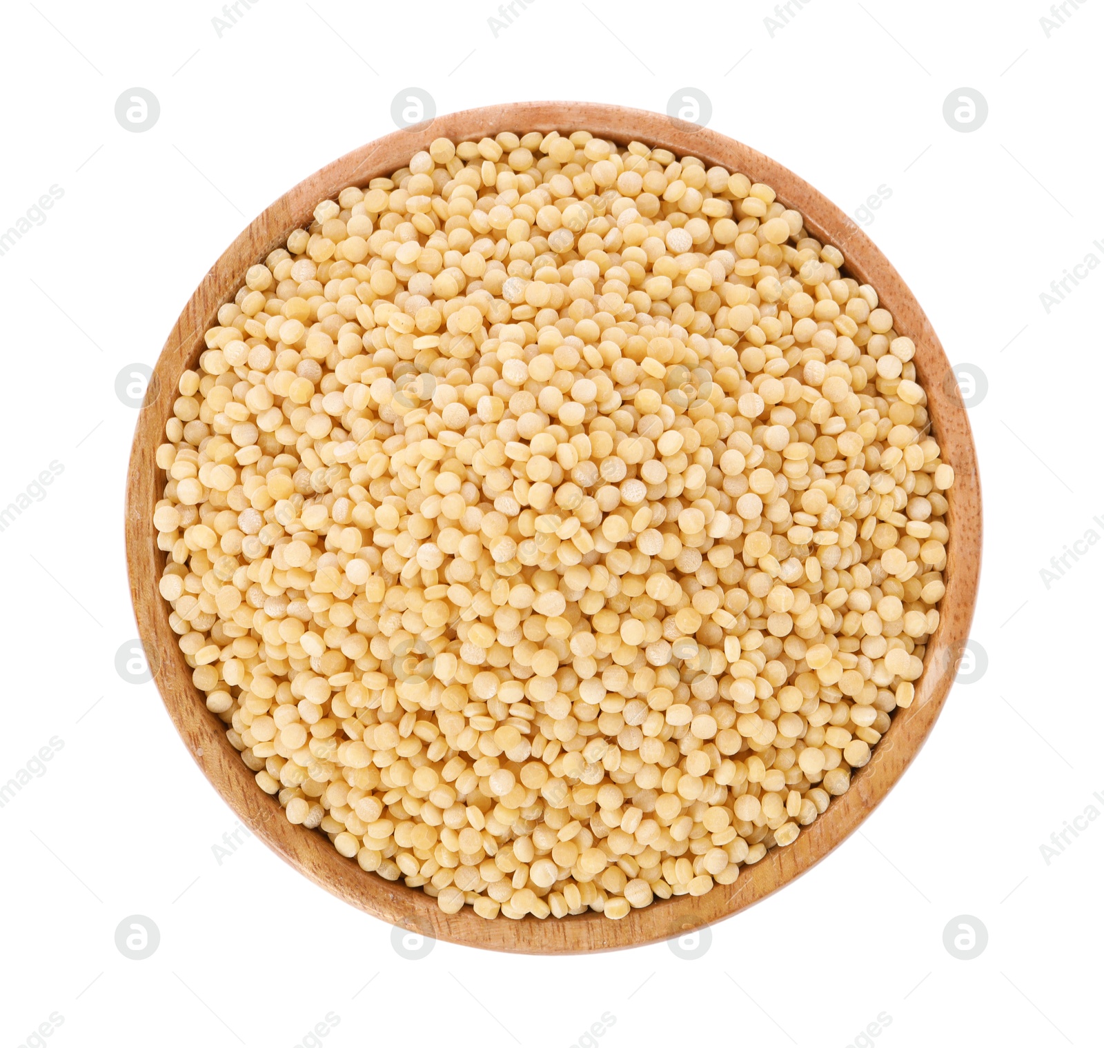 Photo of Raw couscous in wooden bowl isolated on white, top view