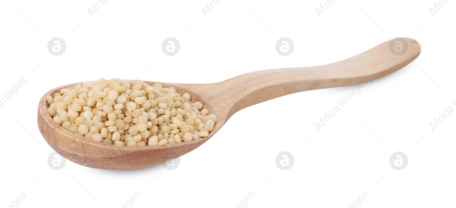 Photo of Raw couscous in wooden spoon isolated on white