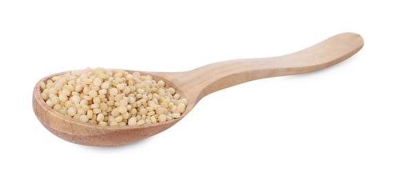 Photo of Raw couscous in wooden spoon isolated on white