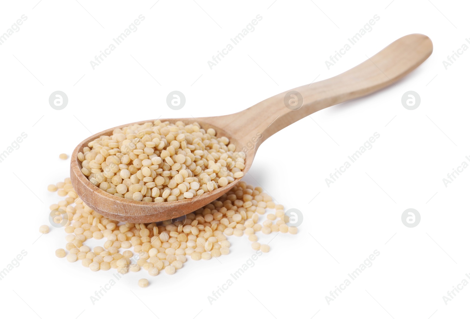 Photo of Raw couscous in wooden spoon isolated on white