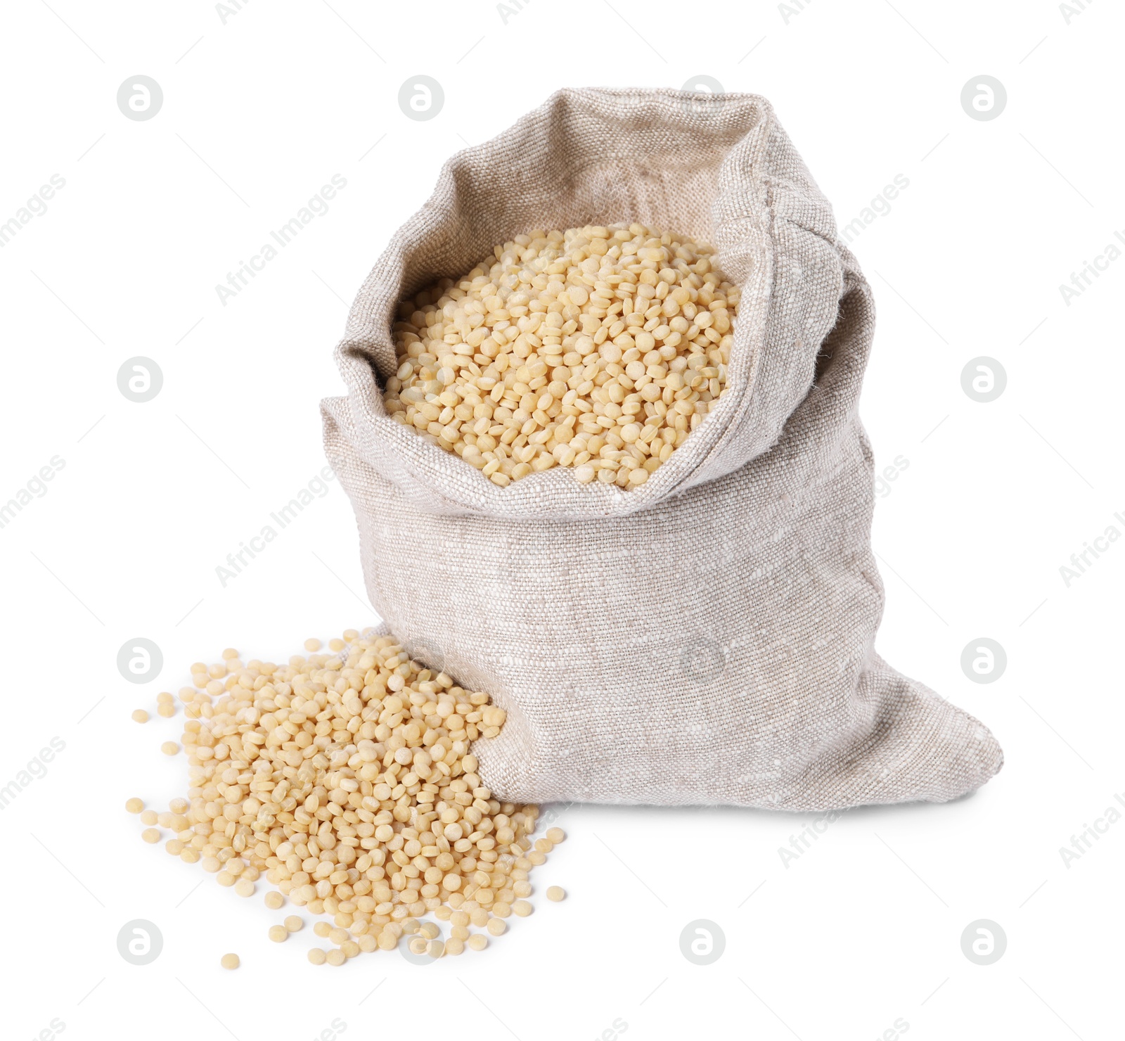 Photo of Raw couscous in burlap sack isolated on white