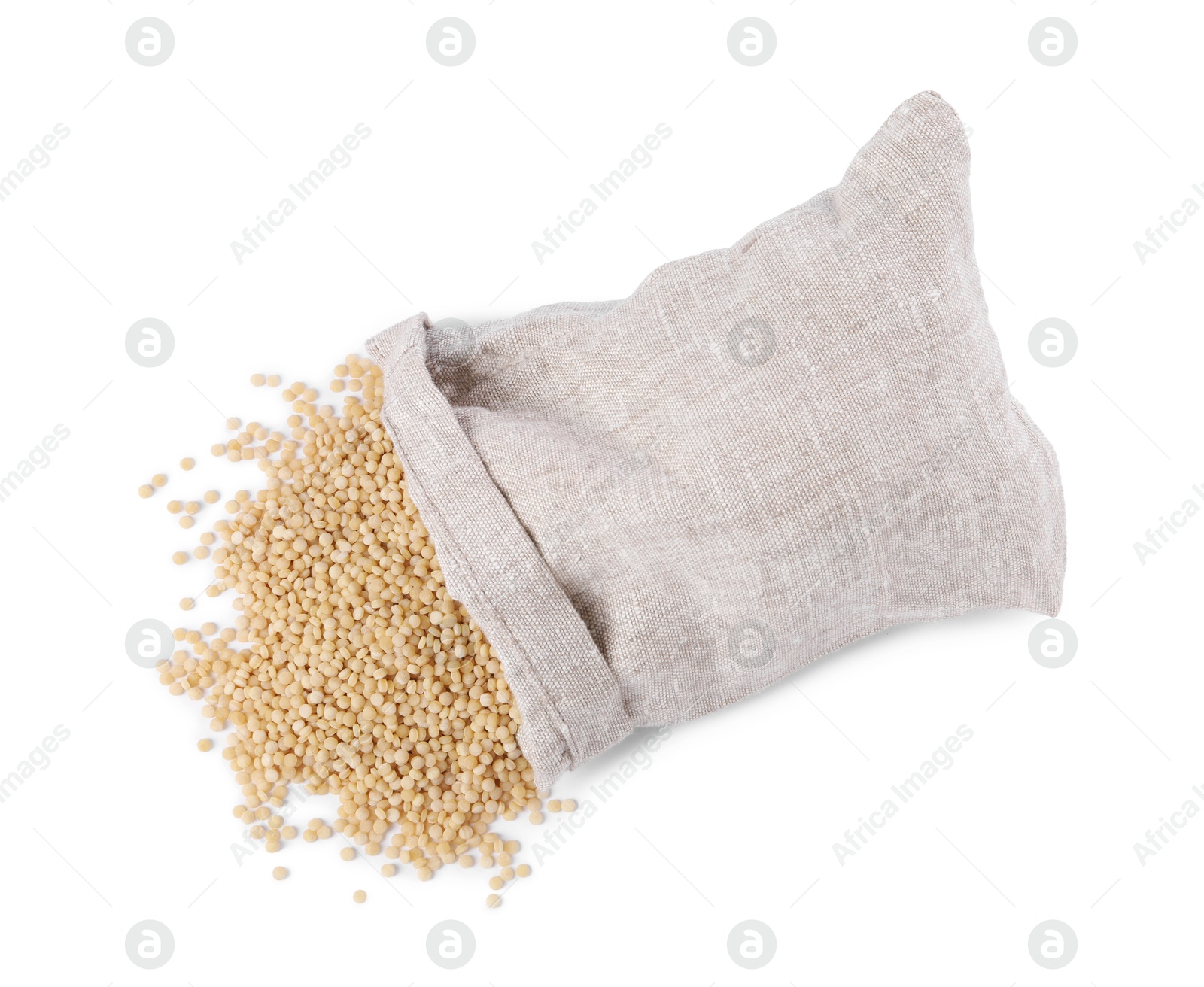 Photo of Raw couscous and overturned burlap sack isolated on white, top view