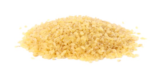 Photo of Heap of raw bulgur isolated on white