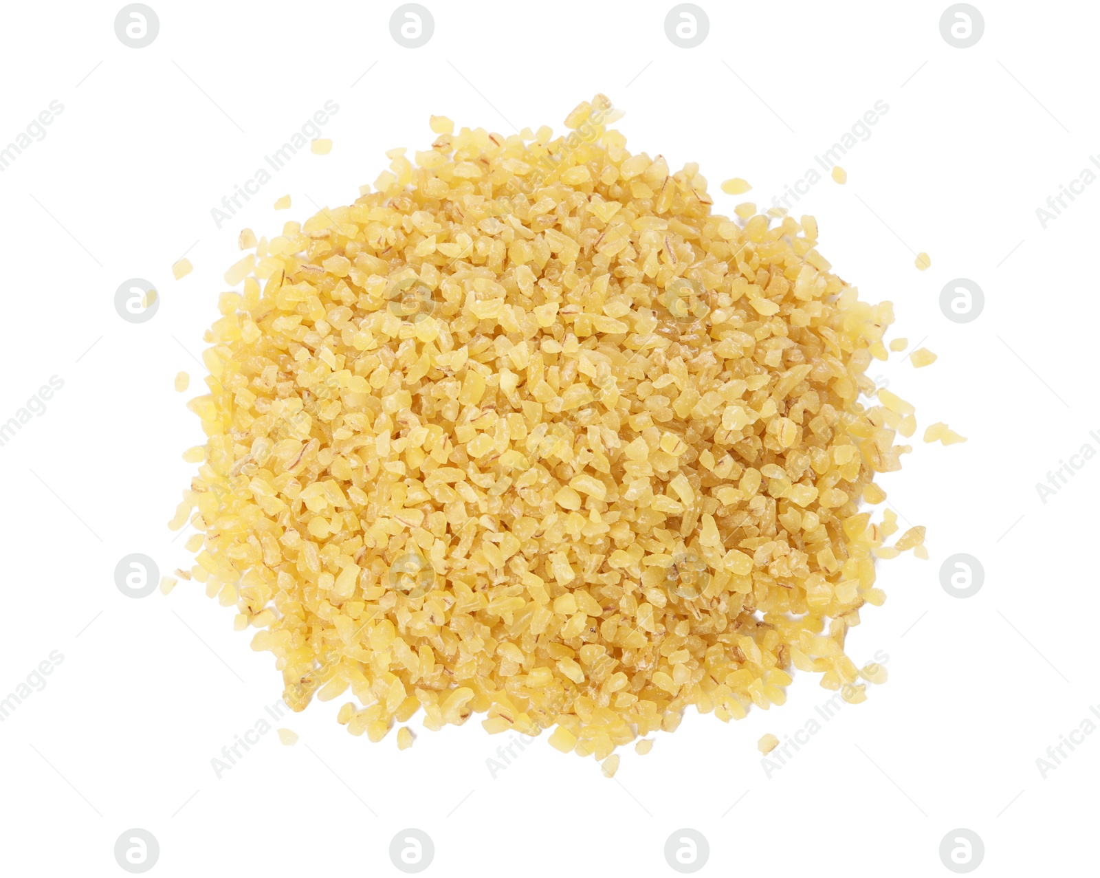 Photo of Heap of raw bulgur isolated on white, top view