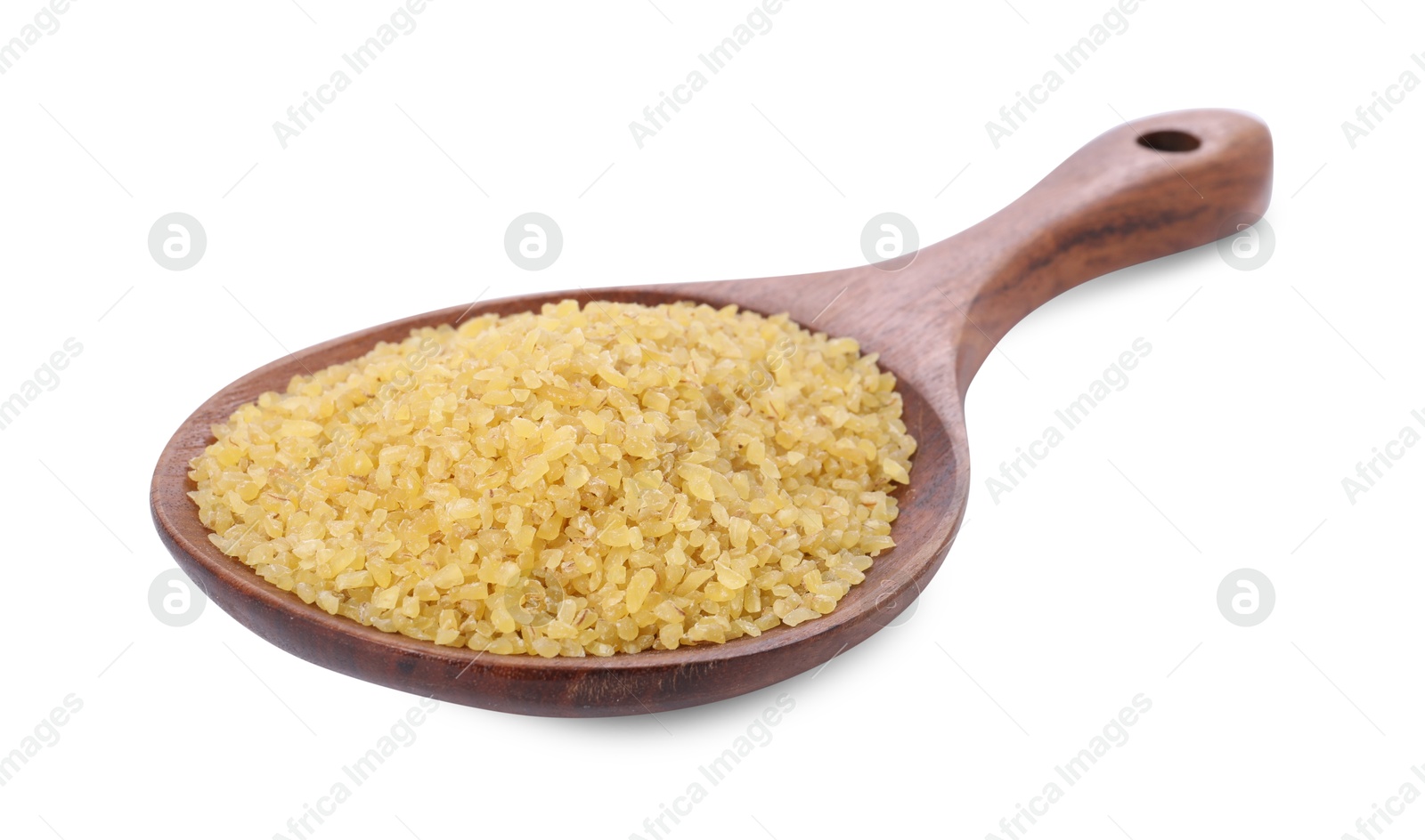 Photo of Raw bulgur in wooden spoon isolated on white