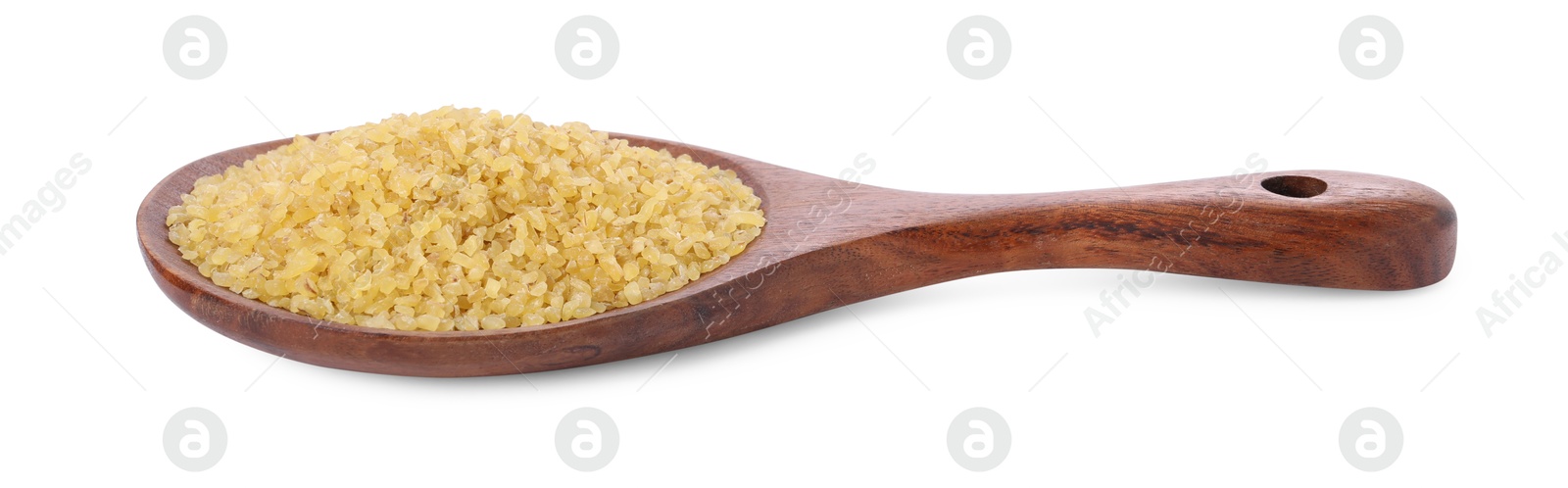 Photo of Raw bulgur in wooden spoon isolated on white