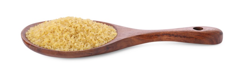 Photo of Raw bulgur in wooden spoon isolated on white