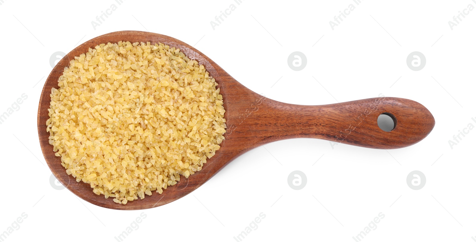 Photo of Raw bulgur in wooden spoon isolated on white, top view