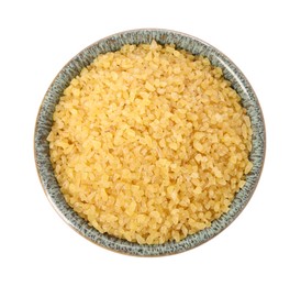 Photo of Raw bulgur in bowl isolated on white, top view