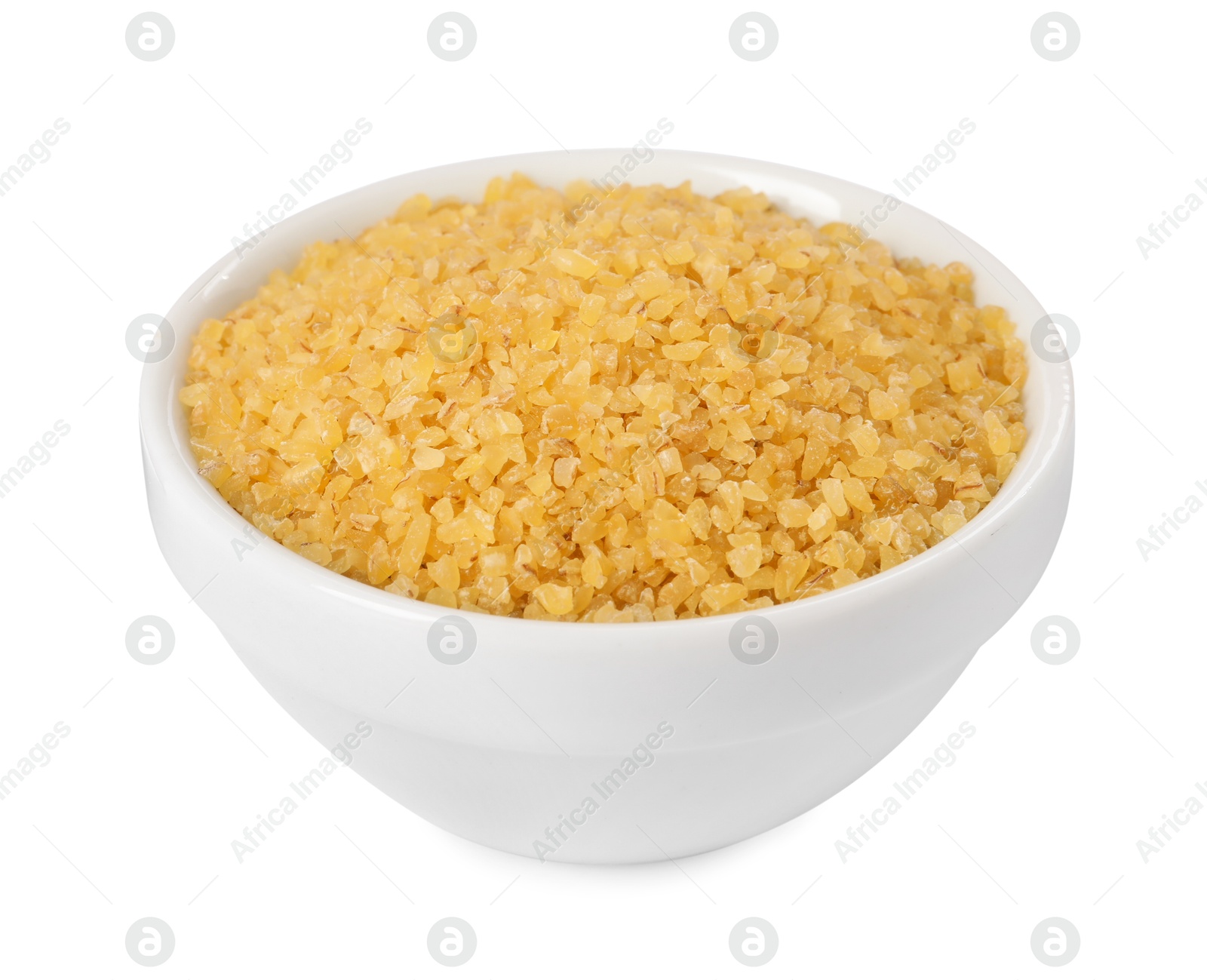 Photo of Raw bulgur in bowl isolated on white