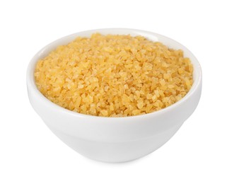 Photo of Raw bulgur in bowl isolated on white