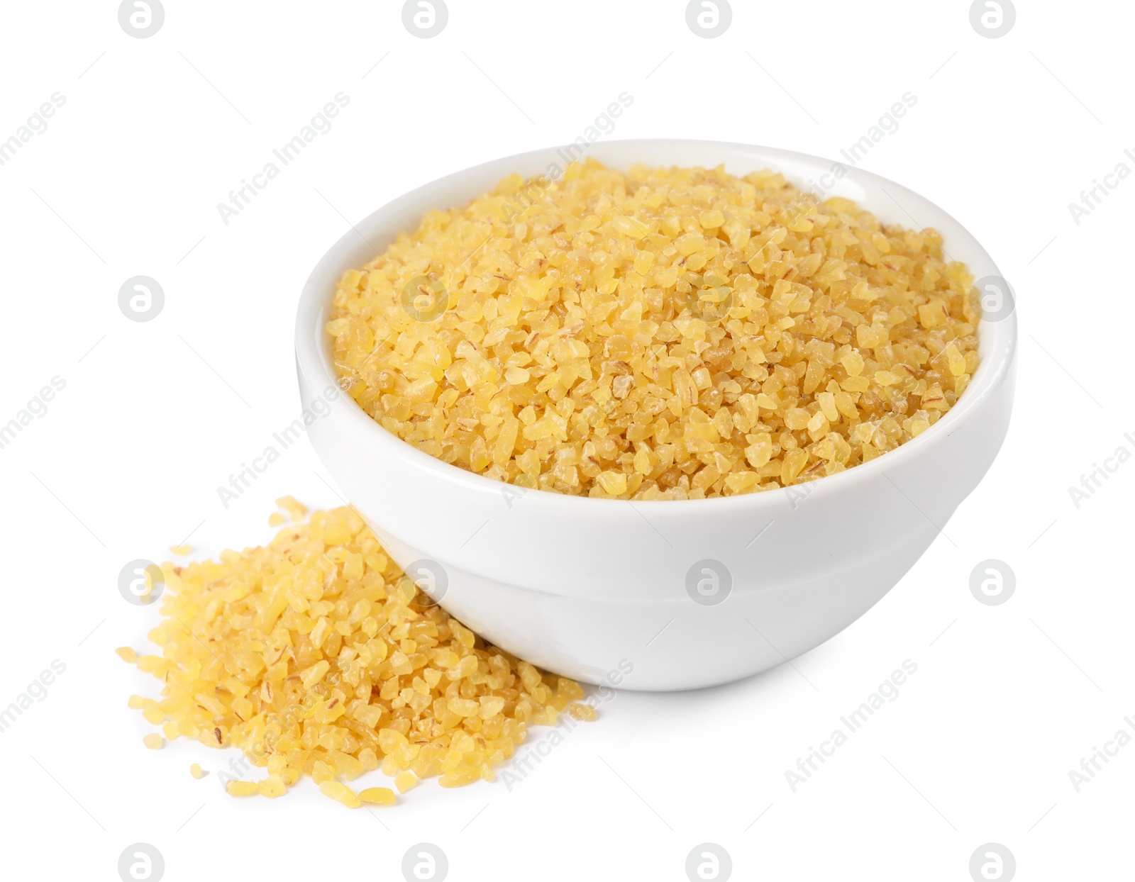 Photo of Raw bulgur in bowl isolated on white