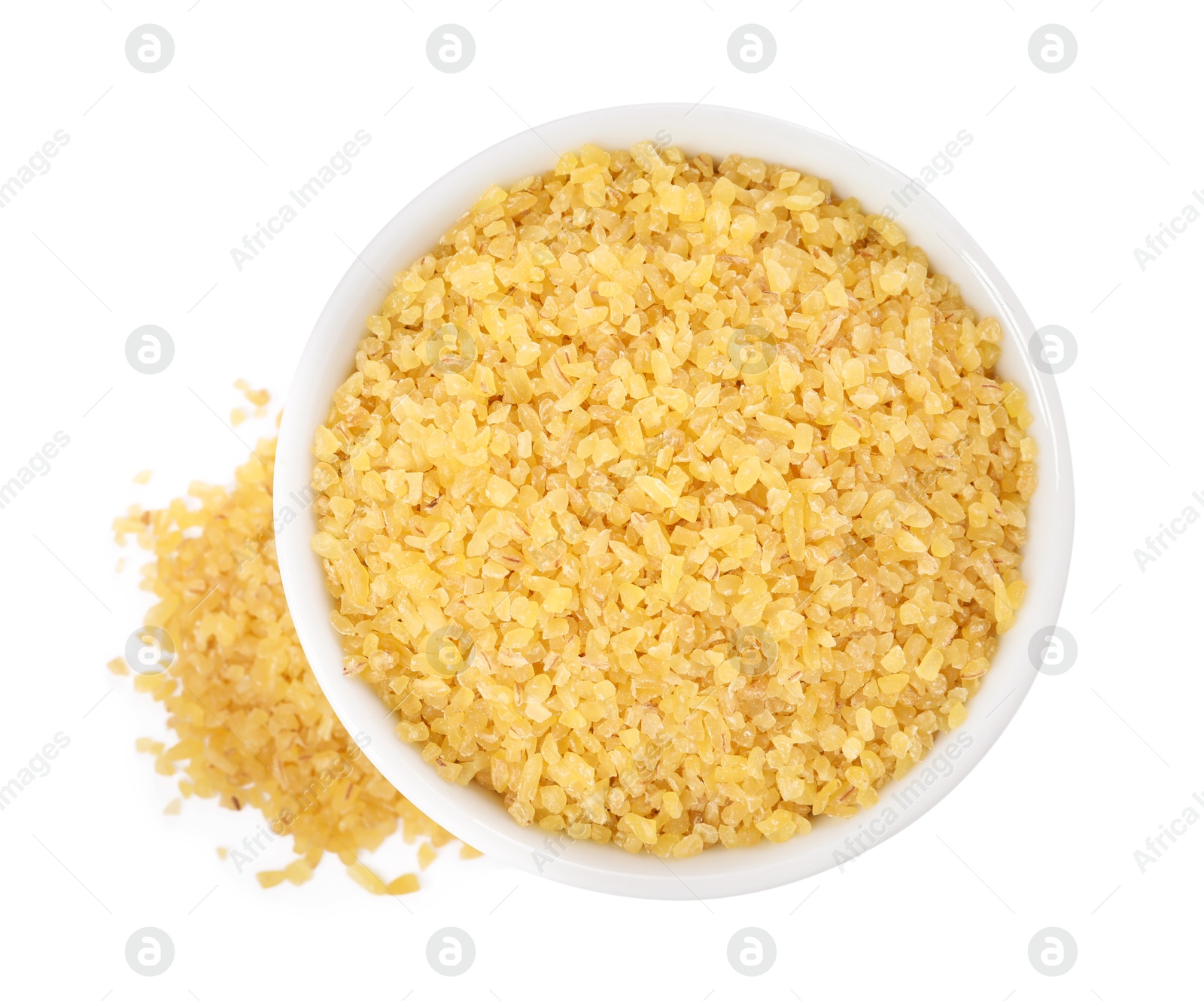 Photo of Raw bulgur in bowl isolated on white, top view