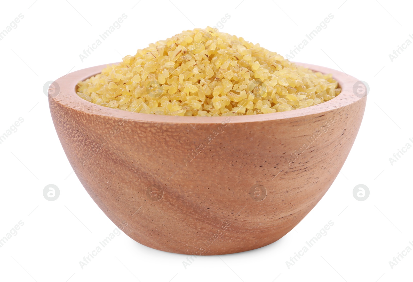 Photo of Raw bulgur in wooden bowl isolated on white