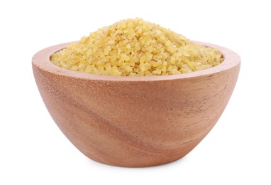 Photo of Raw bulgur in wooden bowl isolated on white