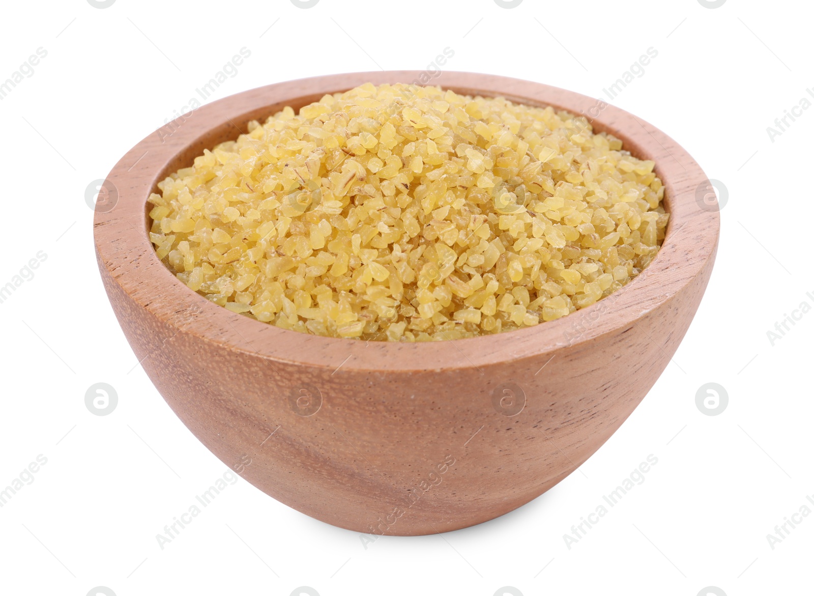 Photo of Raw bulgur in wooden bowl isolated on white