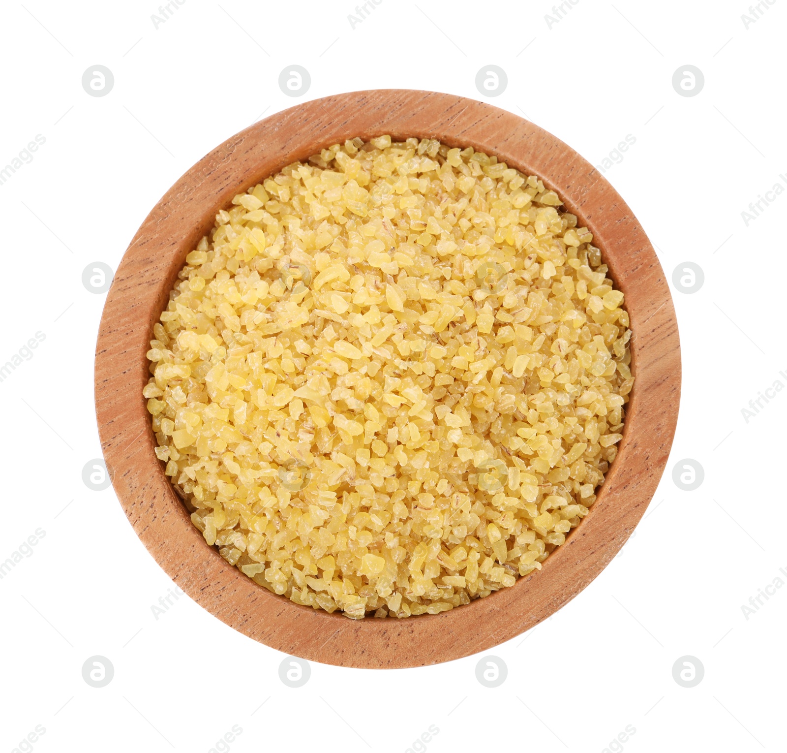 Photo of Raw bulgur in wooden bowl isolated on white, top view