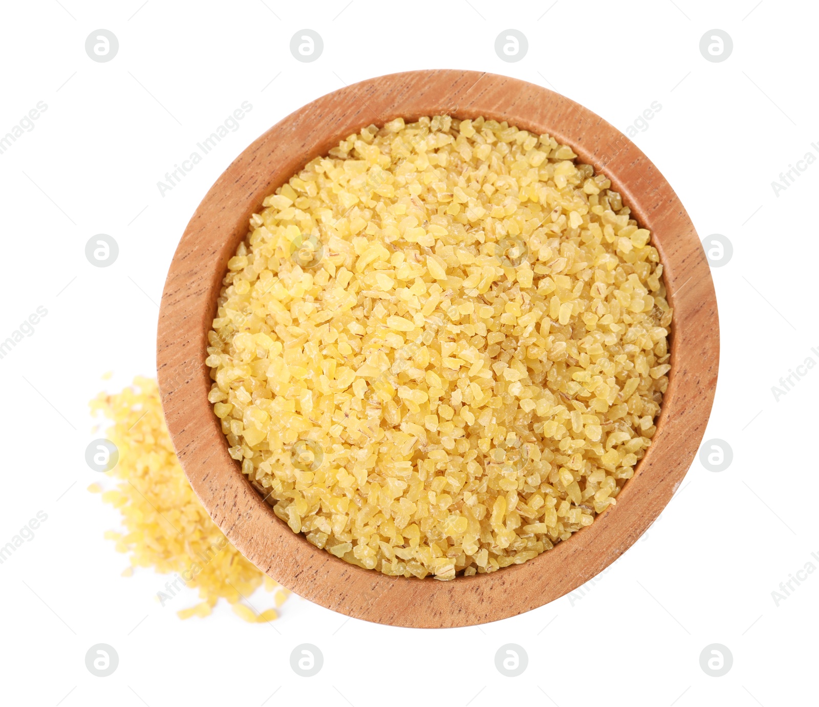 Photo of Raw bulgur in wooden bowl isolated on white, top view