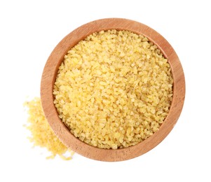 Photo of Raw bulgur in wooden bowl isolated on white, top view