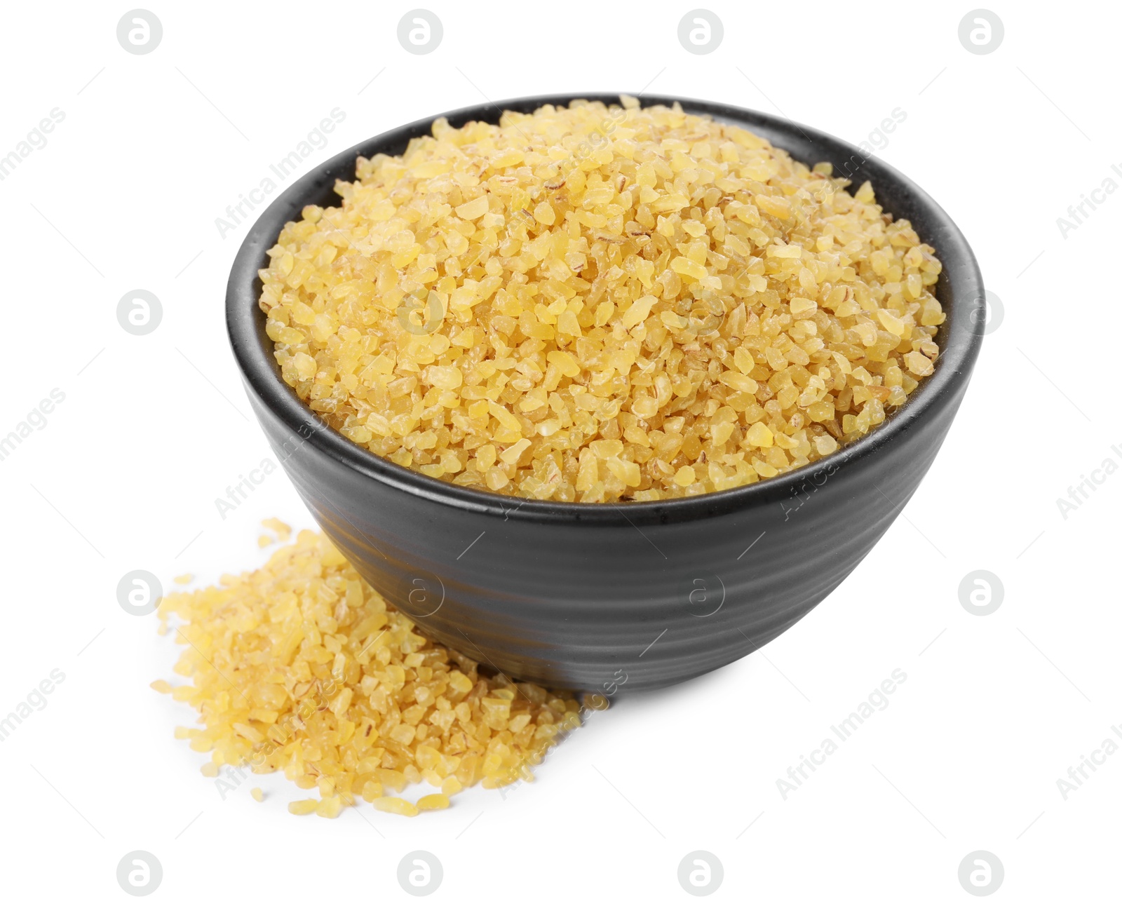 Photo of Raw bulgur in bowl isolated on white