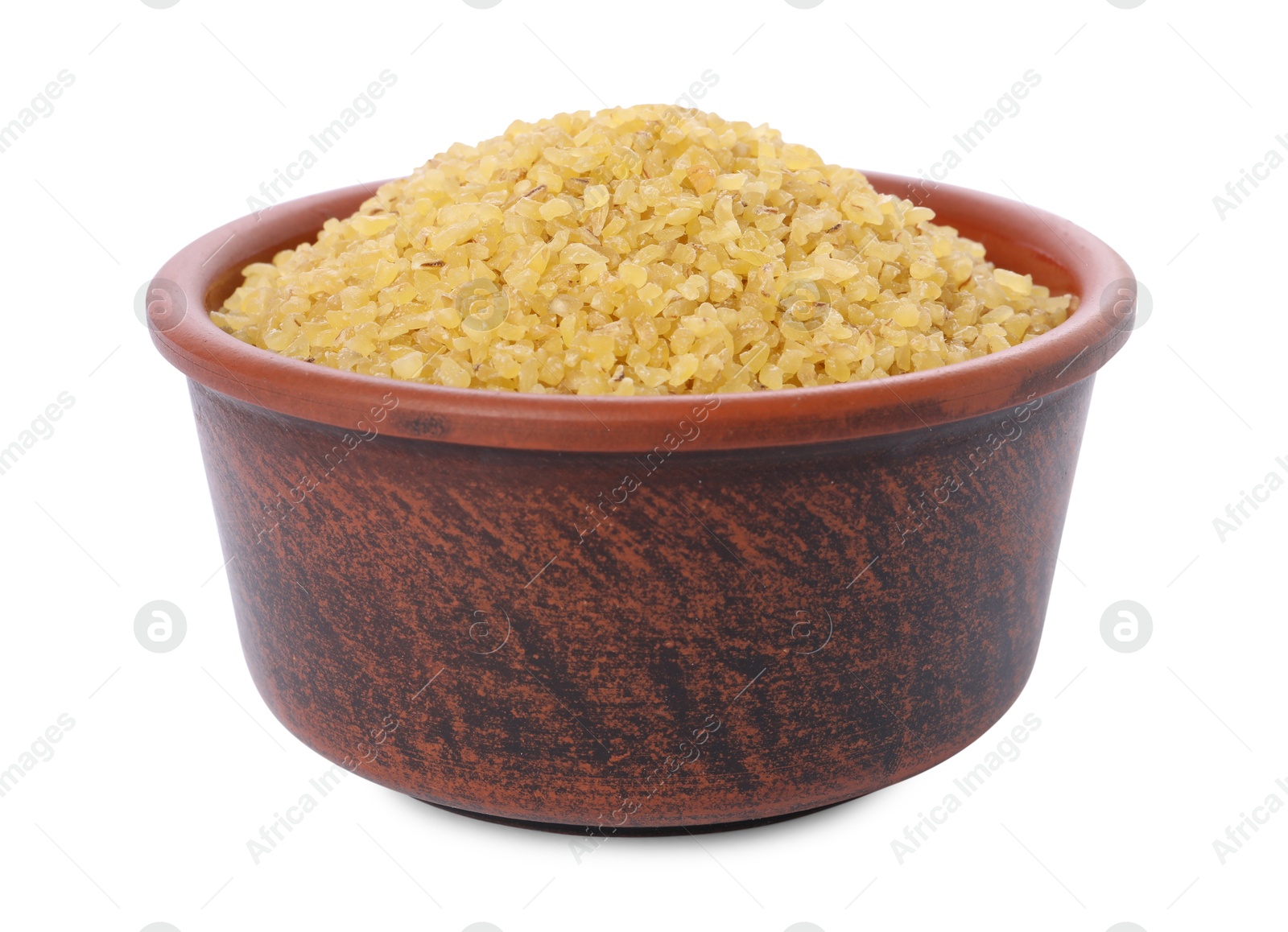 Photo of Raw bulgur in bowl isolated on white