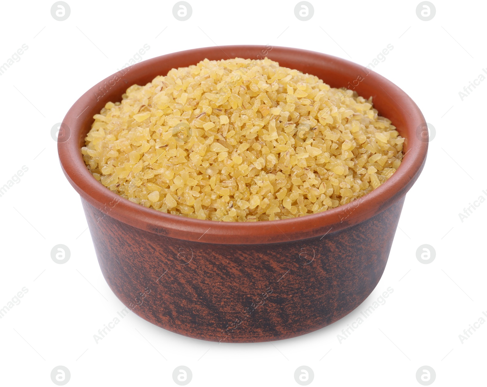 Photo of Raw bulgur in bowl isolated on white