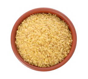 Photo of Raw bulgur in bowl isolated on white, top view