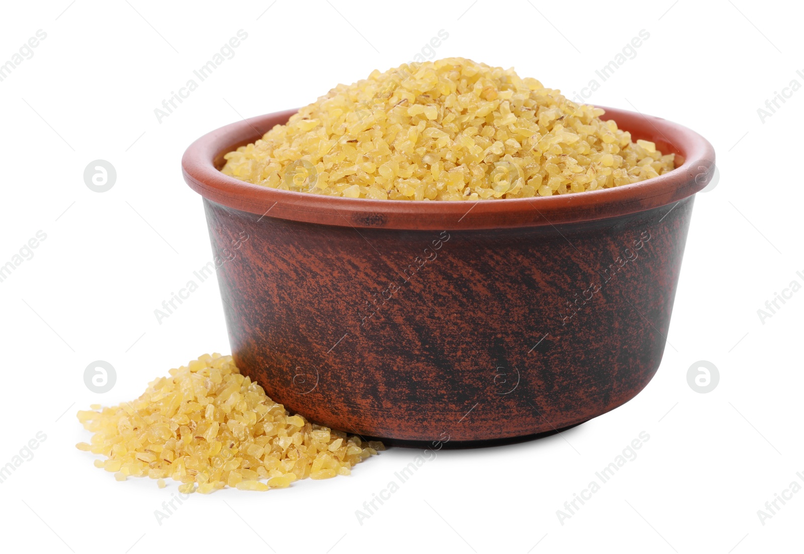 Photo of Raw bulgur in bowl isolated on white