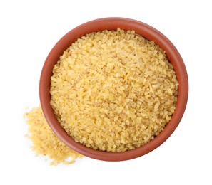 Photo of Raw bulgur in bowl isolated on white, top view