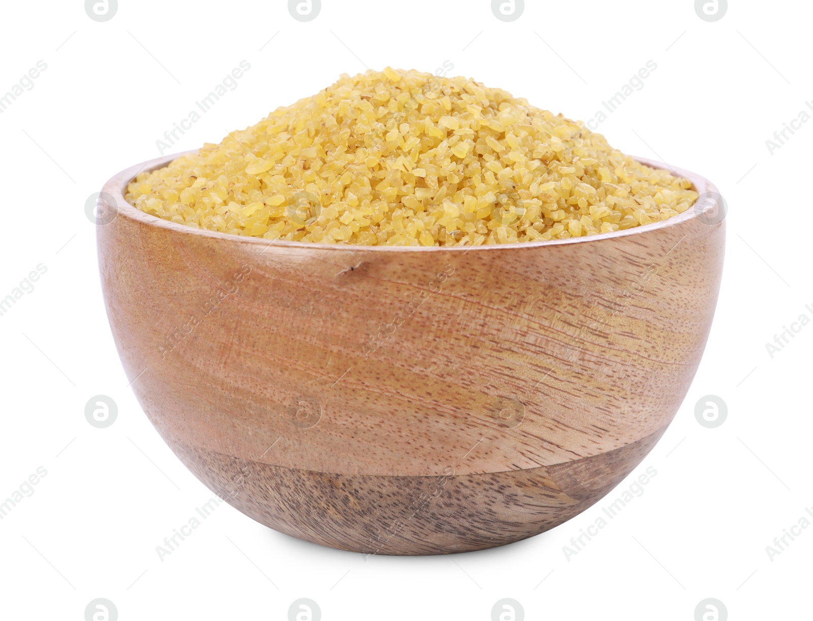 Photo of Raw bulgur in wooden bowl isolated on white