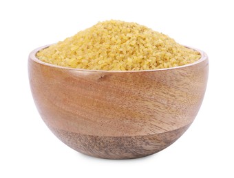 Photo of Raw bulgur in wooden bowl isolated on white