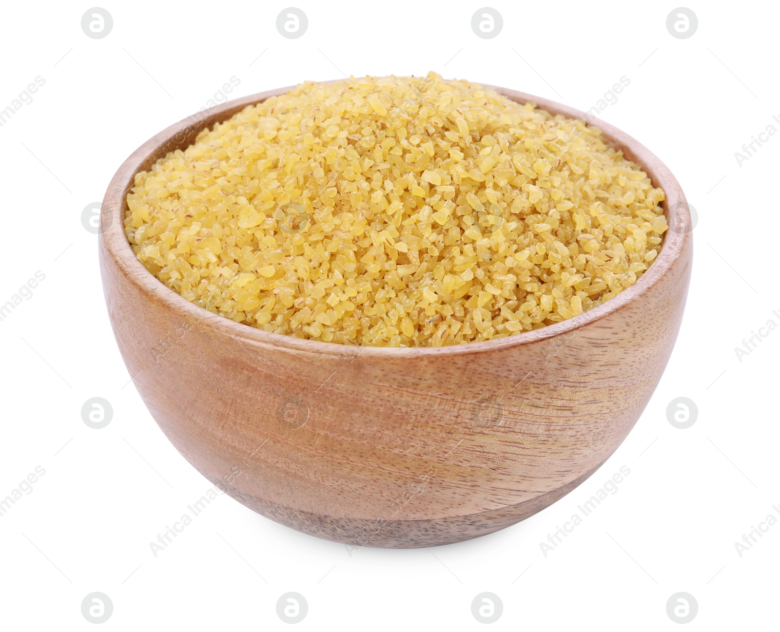 Photo of Raw bulgur in wooden bowl isolated on white