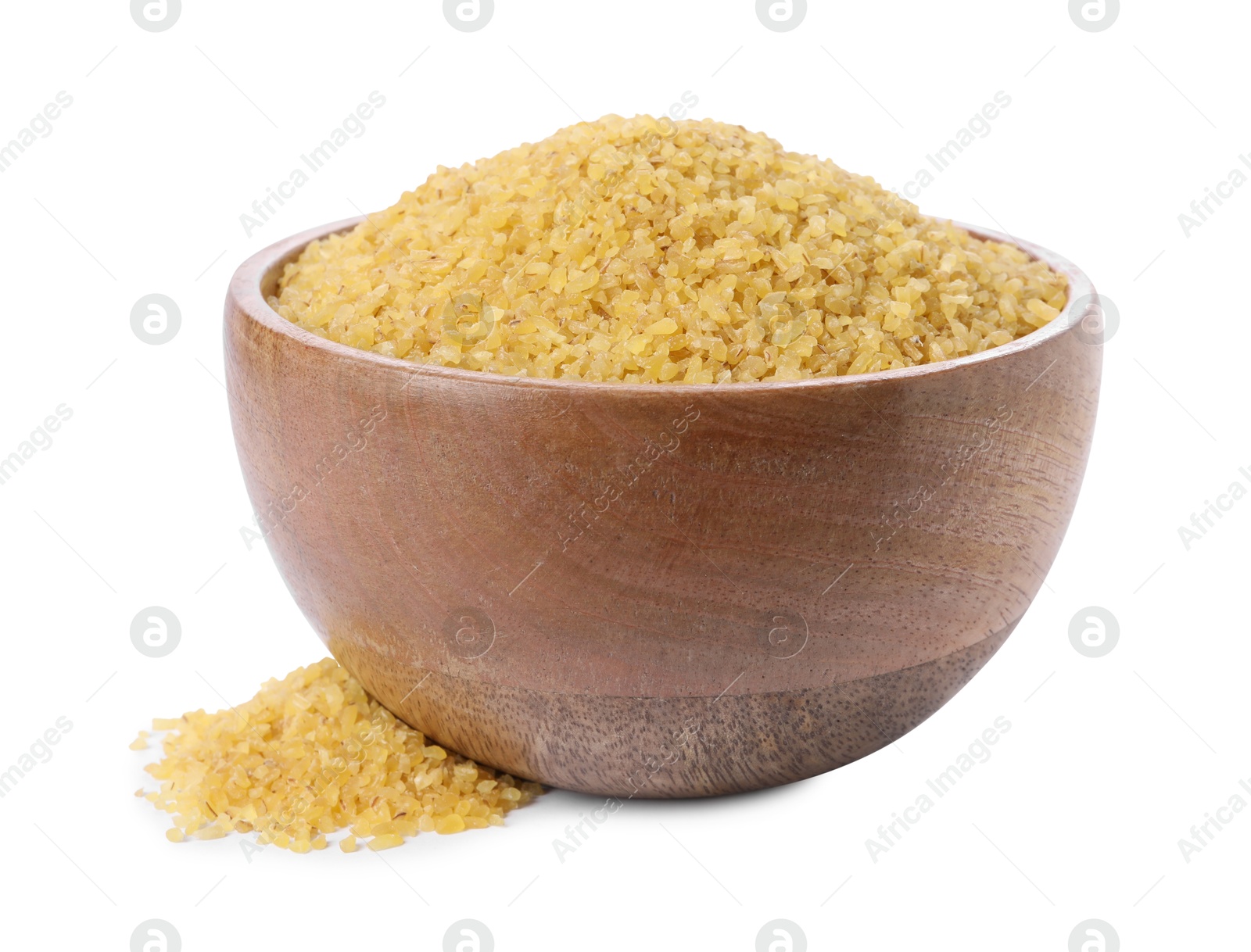 Photo of Raw bulgur in wooden bowl isolated on white