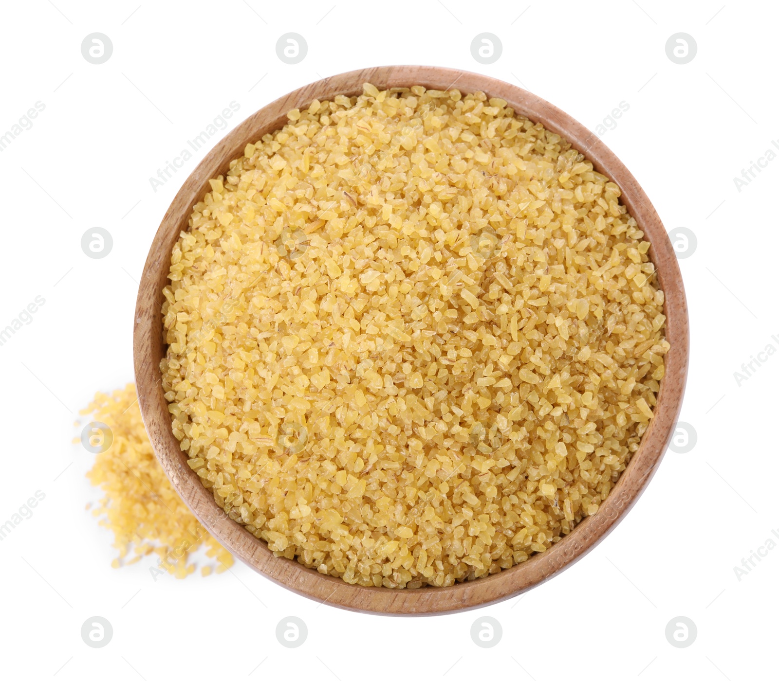 Photo of Raw bulgur in wooden bowl isolated on white, top view