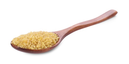 Photo of Raw bulgur in wooden spoon isolated on white