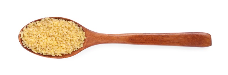 Photo of Raw bulgur in wooden spoon isolated on white, top view